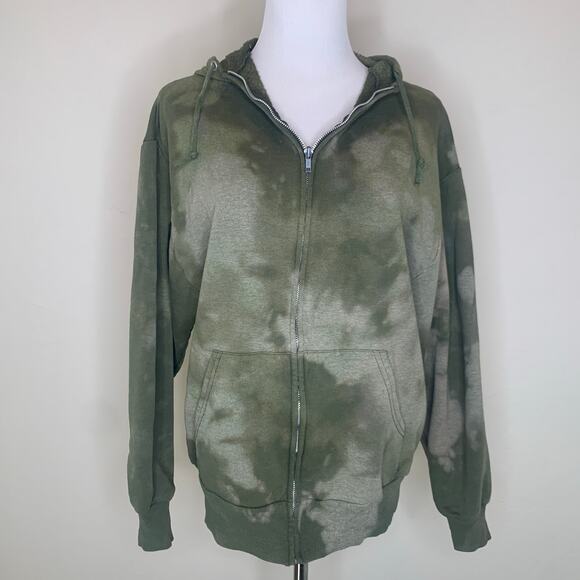 Vintage Tops - Army Green Tan Bleach Dyed Hoodie Medium